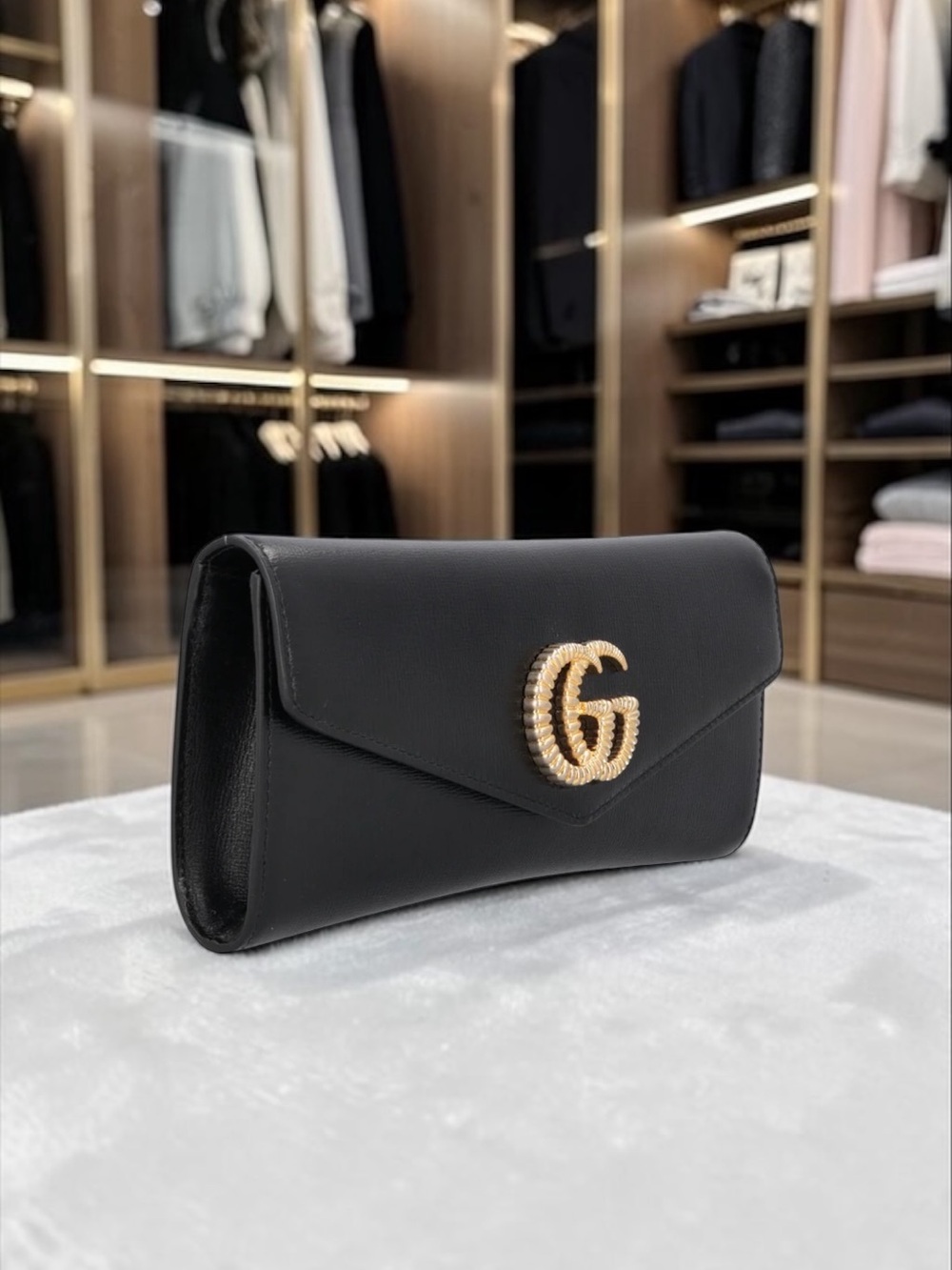 Authentic Gucci Broadway GG Envelope Clutch Black Leather w/ Dust Bag & Cards